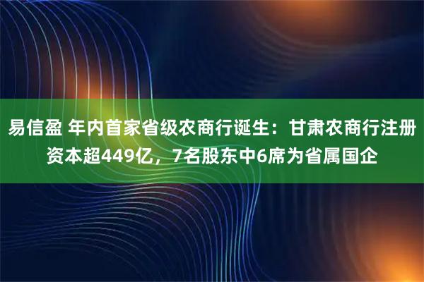 易信盈 年内首家省级农商行诞生：甘肃农商行注册资本超449亿，7名股东中6席为省属国企